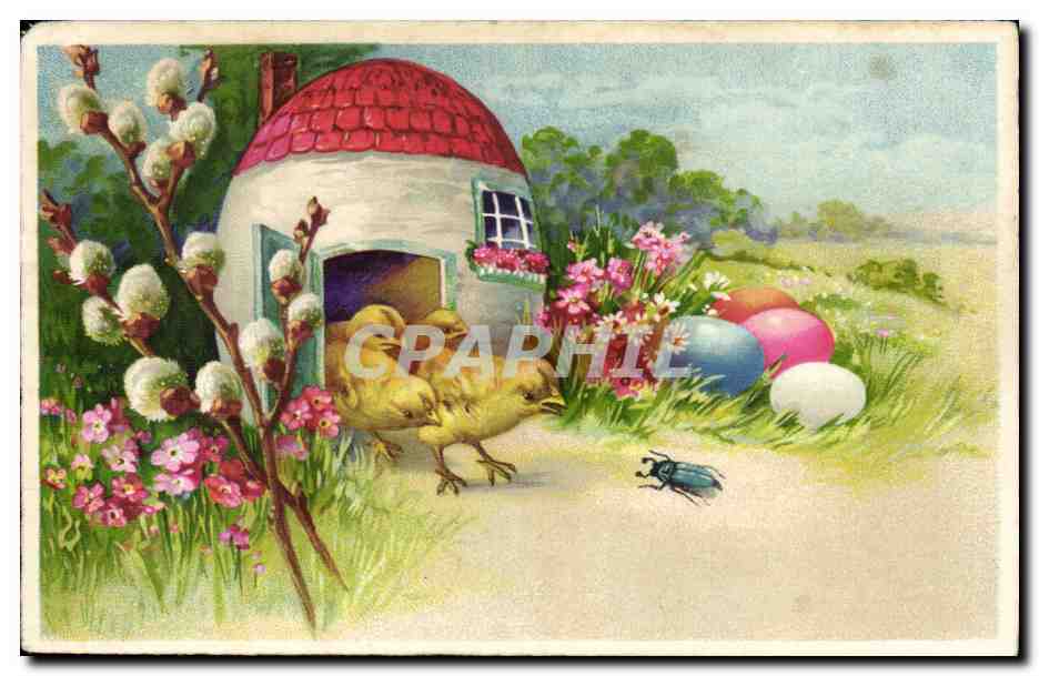 CPA Poussins et insecte (oeufs de Paques)