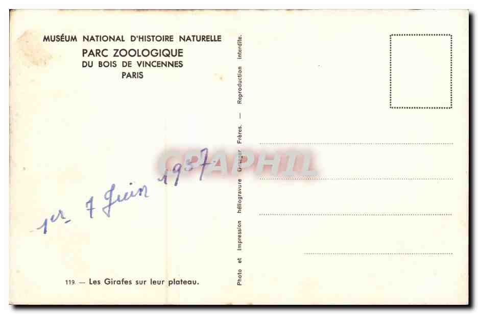 Paris - 12 - Paris Zoologique - Bois de Vincennes - National d'Histoire Naturelle - CPA  — Verso