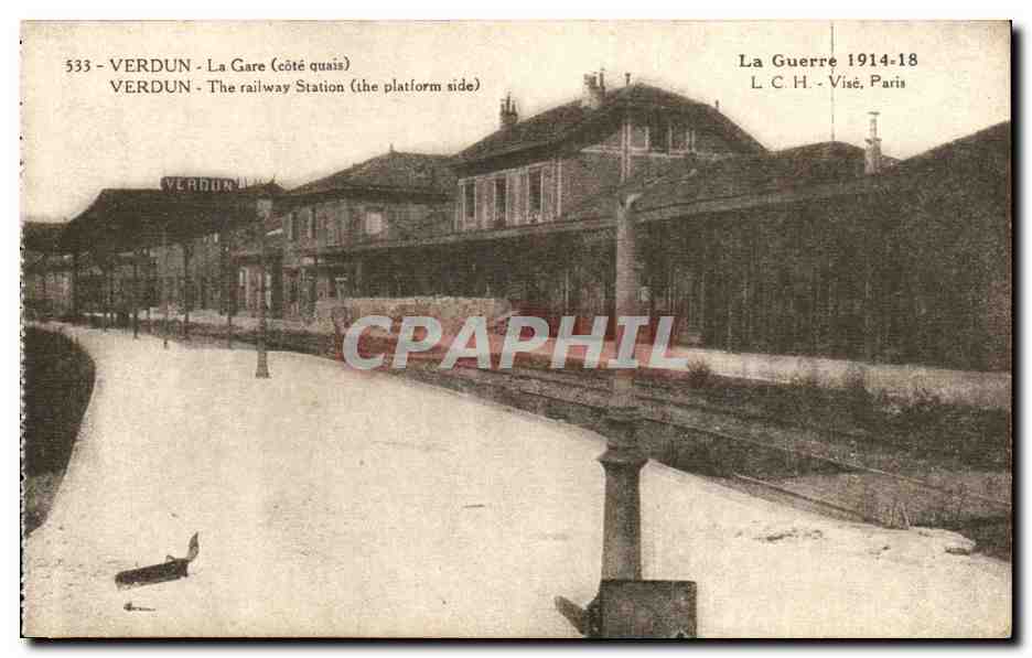 Verdun - La Gare (côté quais) — vue de la gare de Verdun côté quai, éditeur L.C.H. Visé, Paris, n° 533