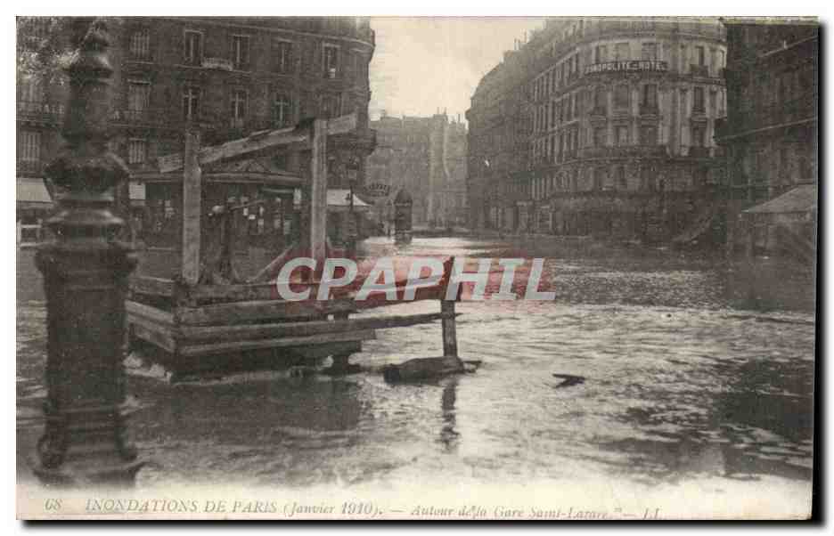 Überschwemmungen in Paris (Januar 1910) — Um den Bahnhof Saint-Lazare — Antike Ansichtskarte Nr. 68