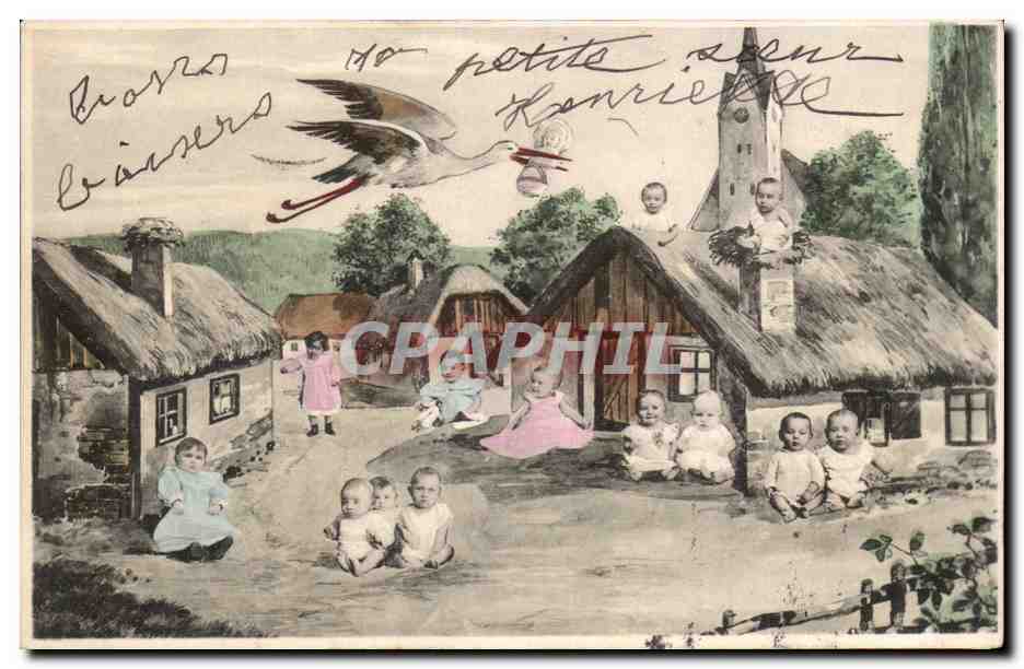 Fantaisie - Bebe - Cigogne - nid - Stork bringing baby of joy - CPA 