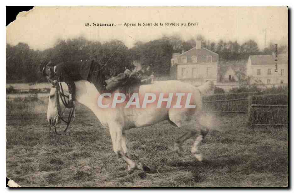 CPA Saumur Apres le saut de la riviere au Breil Cheval Chevaux Horse Militaria Uniforme Uniforme