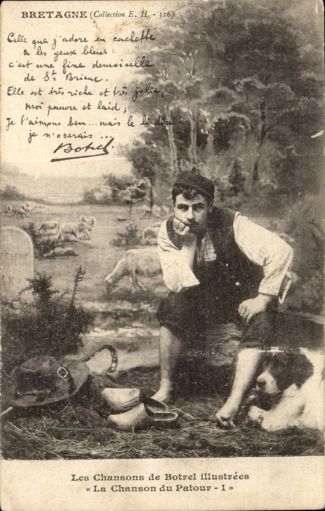 Bretagne (Collection E.H. - 326) — jeune homme en costume breton avec chien et moutons — Les Chansons de Botrel illustrées « La Chanson du Patour - 1 »