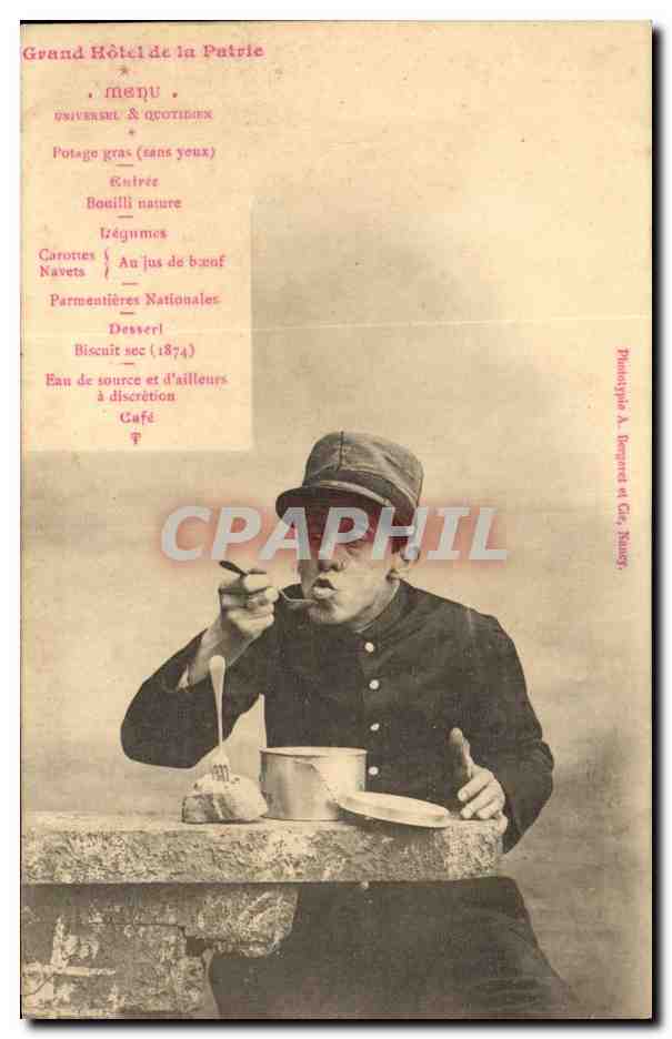 Soldaat aan het eten — Grand Hôtel de la Patrie — Fototipie A. Tempore et Cie, Bury