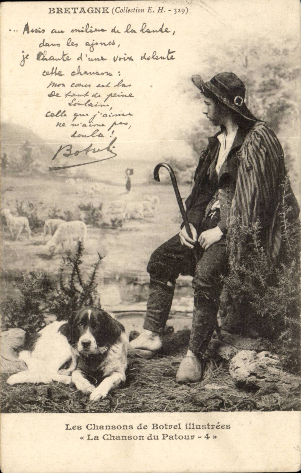 Brittany — Pastoral Landscape with Shepherd and Dog — Les Chansons de Botrel illustrated « La Chanson du Patour - 4 »