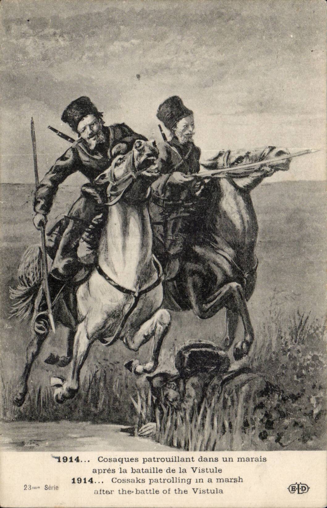 Militaria - Guerre 1914 1915 - Cosaques patrouillant dans un Marais apres la Bataille de la Vistule - CPA 