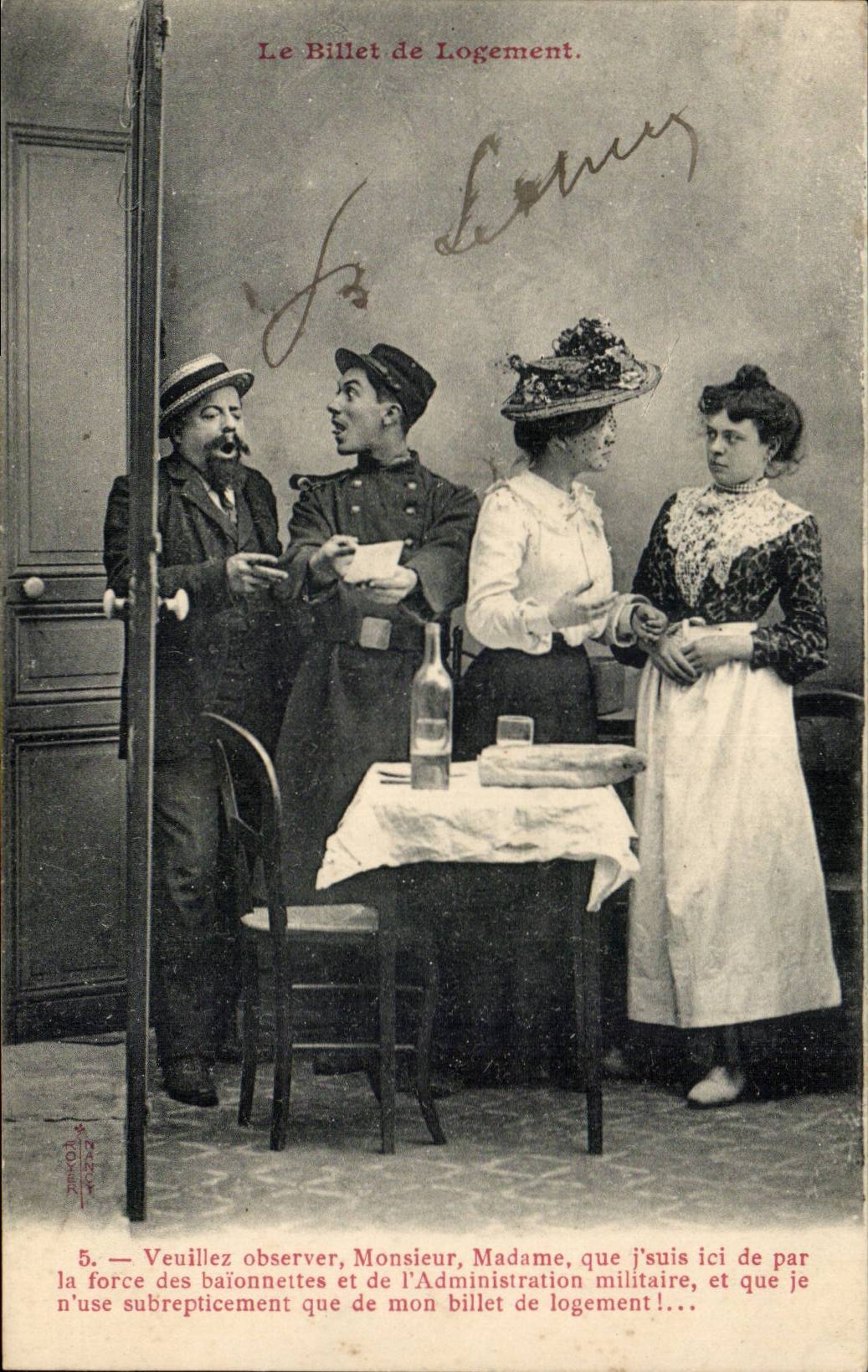 Le Billet de Logement — scène comique avec militaire et deux femmes — éditeur G. BONNET, n°5