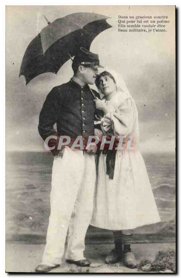 Fantaisie - Femme - Couple - Dans un gracieux sourire qui pour lui un poeme - parapluie - soldat - CPA 