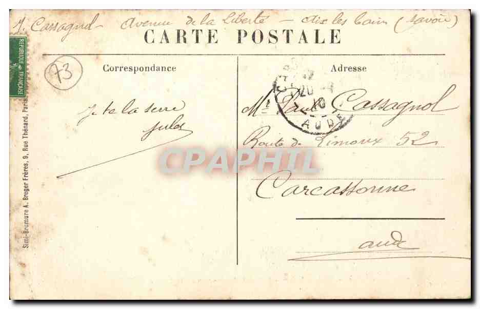 CPA Aix les Bains L'hotel Bernasson et la roche du Roi — Verso