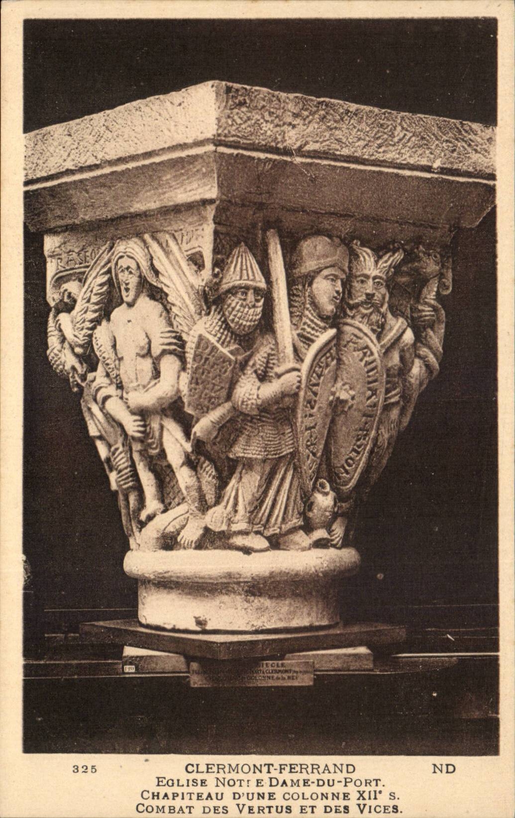 Combat des Vertus et des Vices — chapiteau d'une colonne du XIIe siècle — église Notre-Dame-du-Port, Clermont-Ferrand