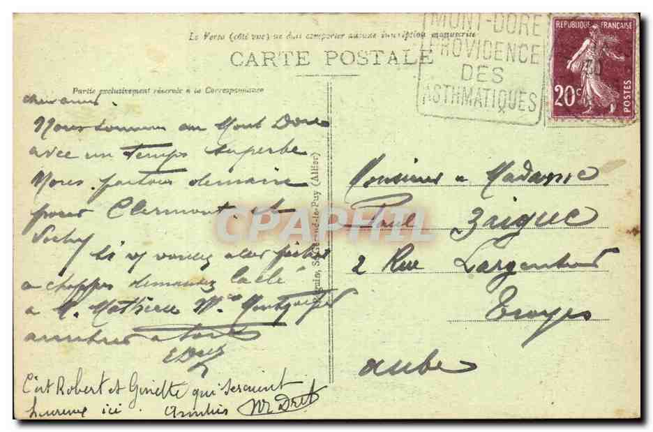 CPA Auvergne Le mont Dore — Verso