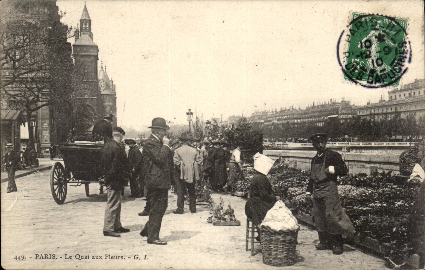 Tarjeta postal antigua París La quai aux Fleurs (mercado) TOP