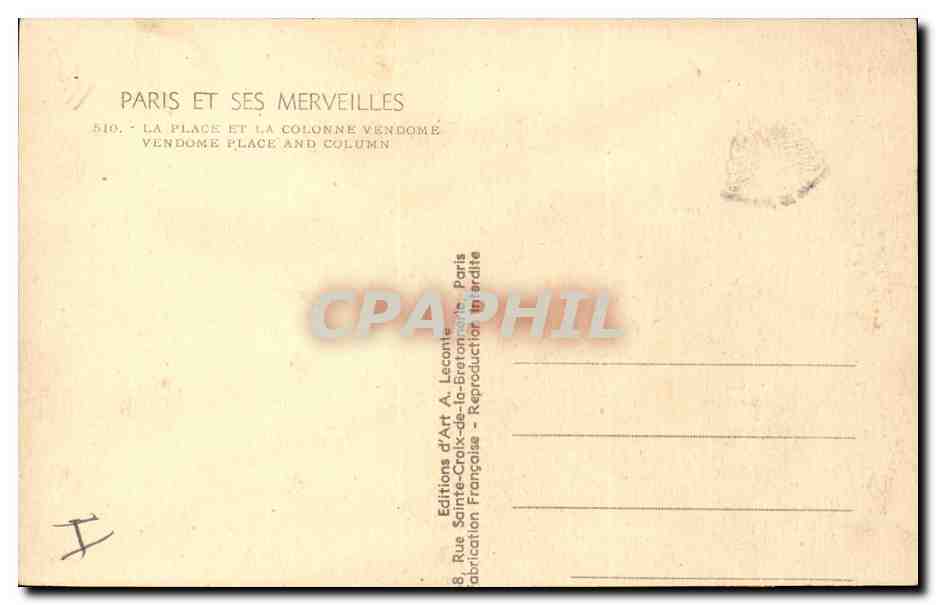 Paris - 1 - La Place et Colonne Vendome - CPA  — Verso
