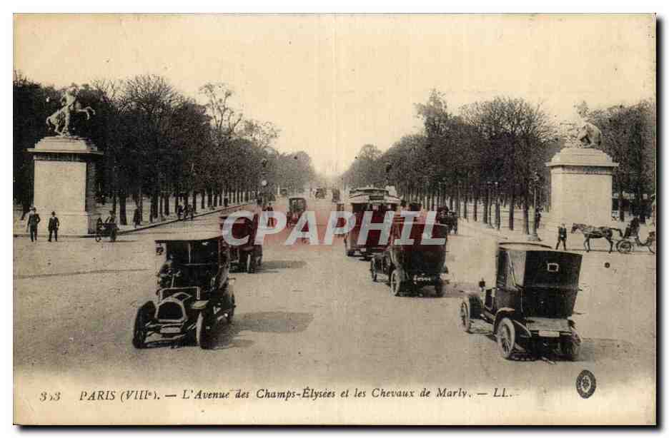 Paris - 8 - Les Champs Elysees et les Chevaux de Marly - Automobile - CPA 