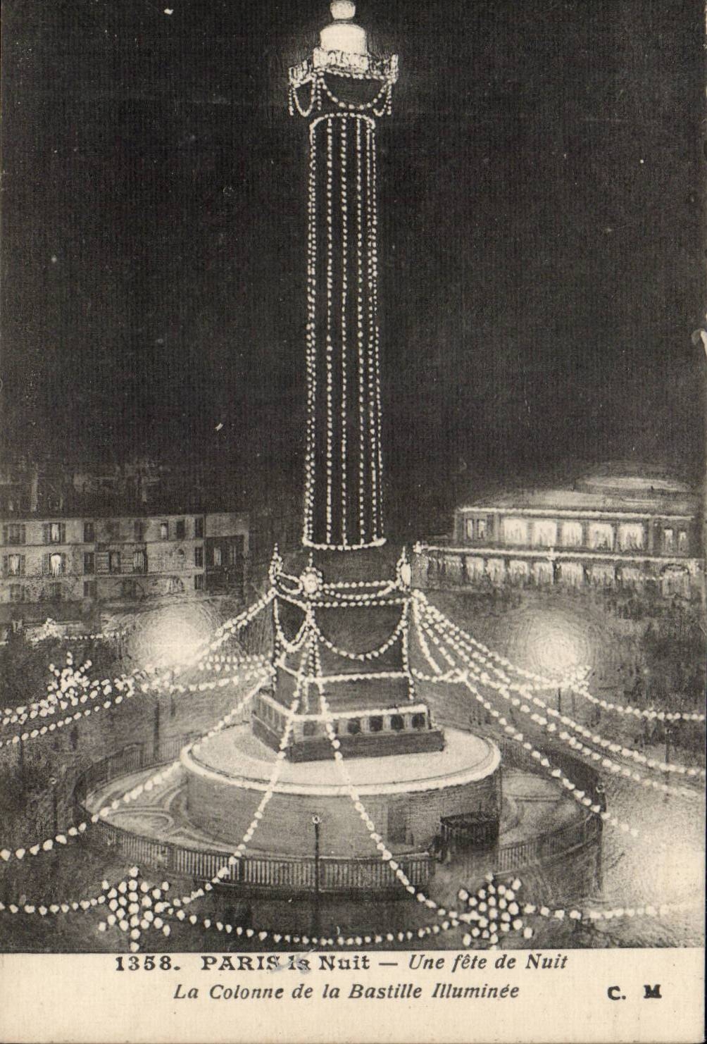 Paris - 10 - Une fete de Nuit - Place de la Bastille - Illuminee CPA 