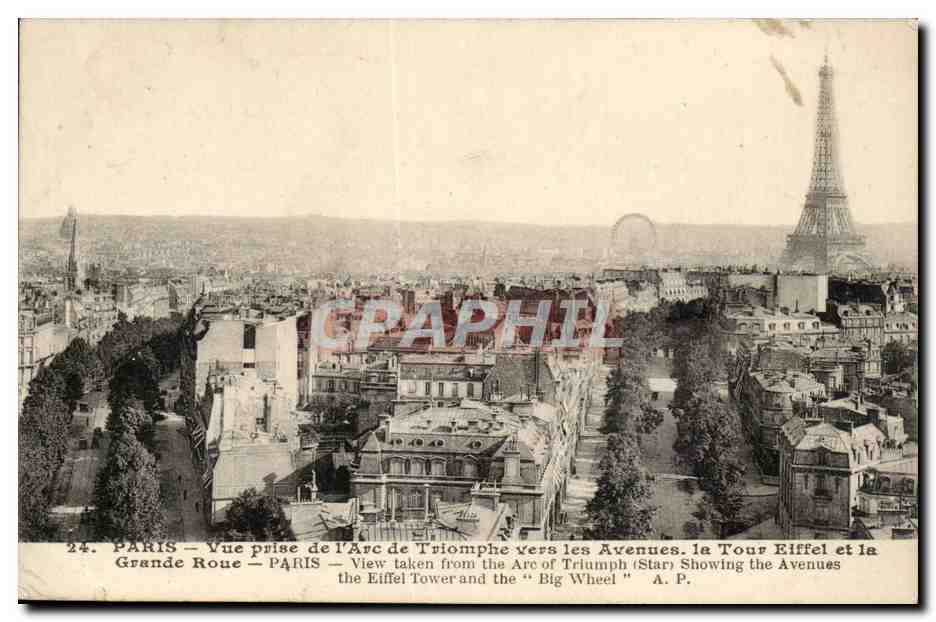 Paris 8 - Vue prise de l'Arc de Triomphe vers les Avenues Tour Eiffel - Eiffe Tower - Grande Roue - CPA 