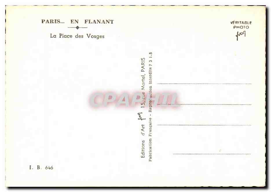 CPM Paris La place des vosges — Verso
