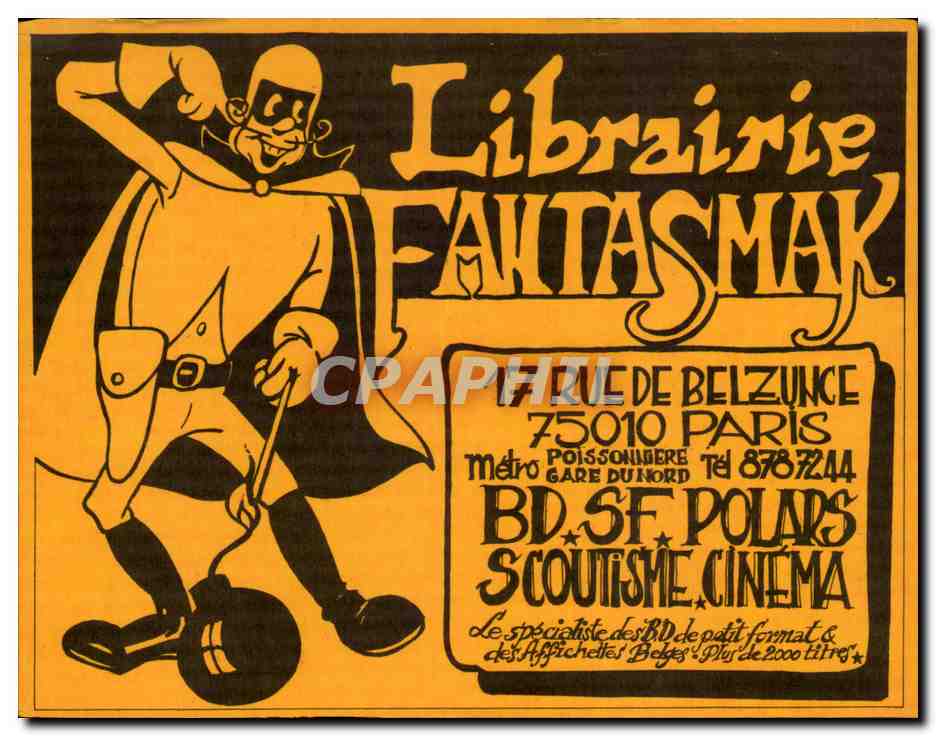 Affichette format carte postal Librairie Fantasmax 15 rue de Belzunce 75010 Paris bandes dessinees Scoutisme Cinema