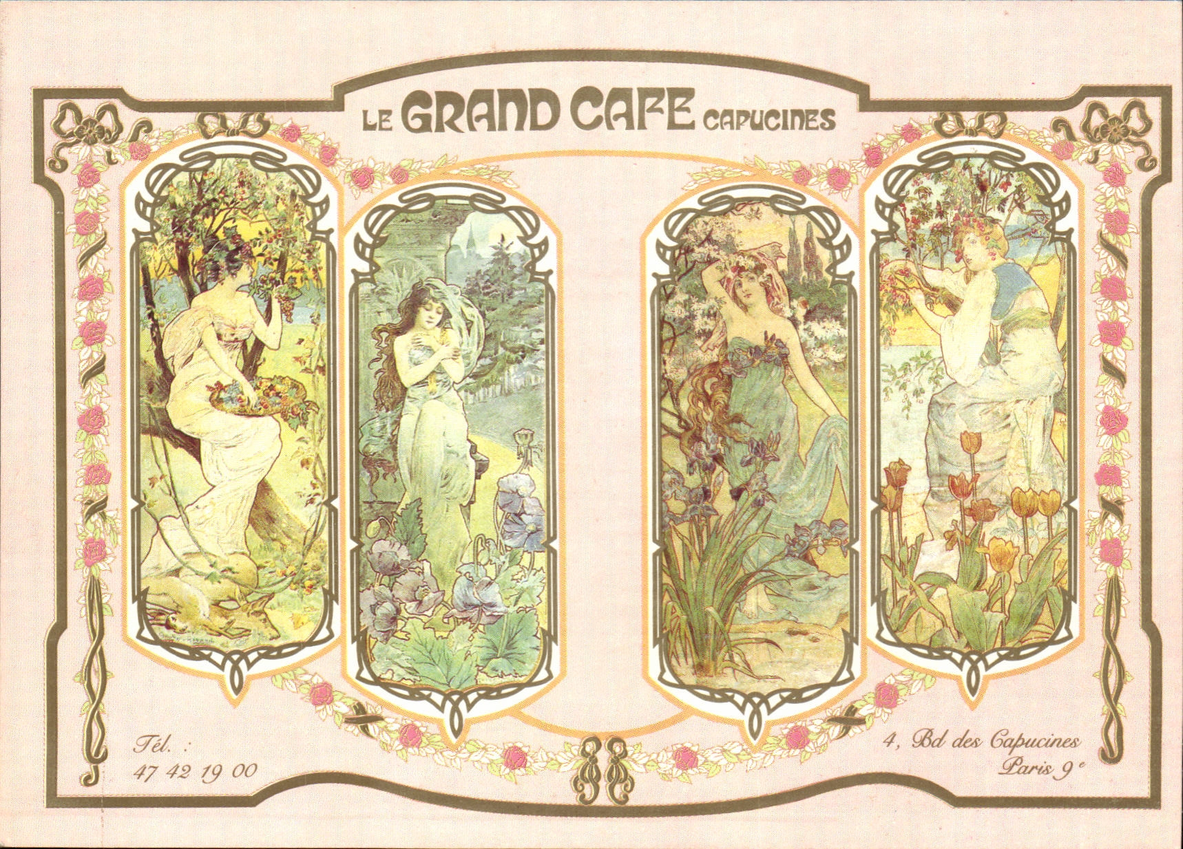 CPM Le grand cafe Capucines Restaurant Plaisir Bd des Capucines 75009 Paris (illustrateur type Mucha)