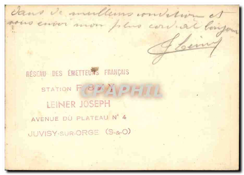 Juvisy-sur-Orge — Station F8XY — Émission et réception radio — Éditeur : Réseau des Émetteurs Français — Rückseite