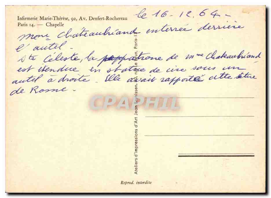 Paris 14 - Infirmerie Marie Therese 92 Avenue Denfert Rochereau - Chapelle CPA  — Rückseite