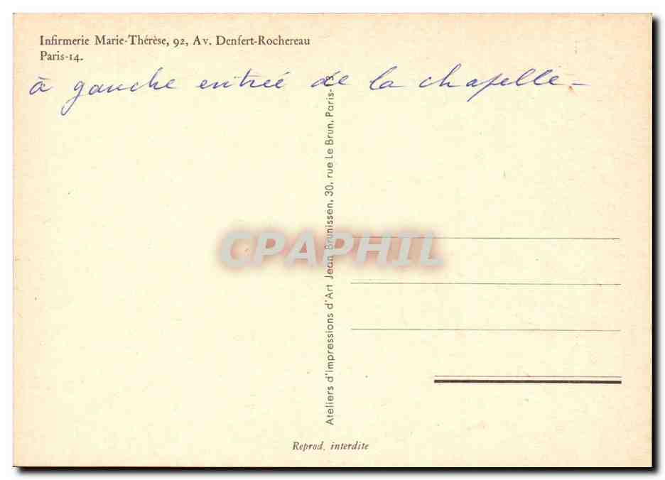 Paris 14 - Infirmerie Marie Therese 92 Avenue Denfert Rochereau - CPA  — Rückseite