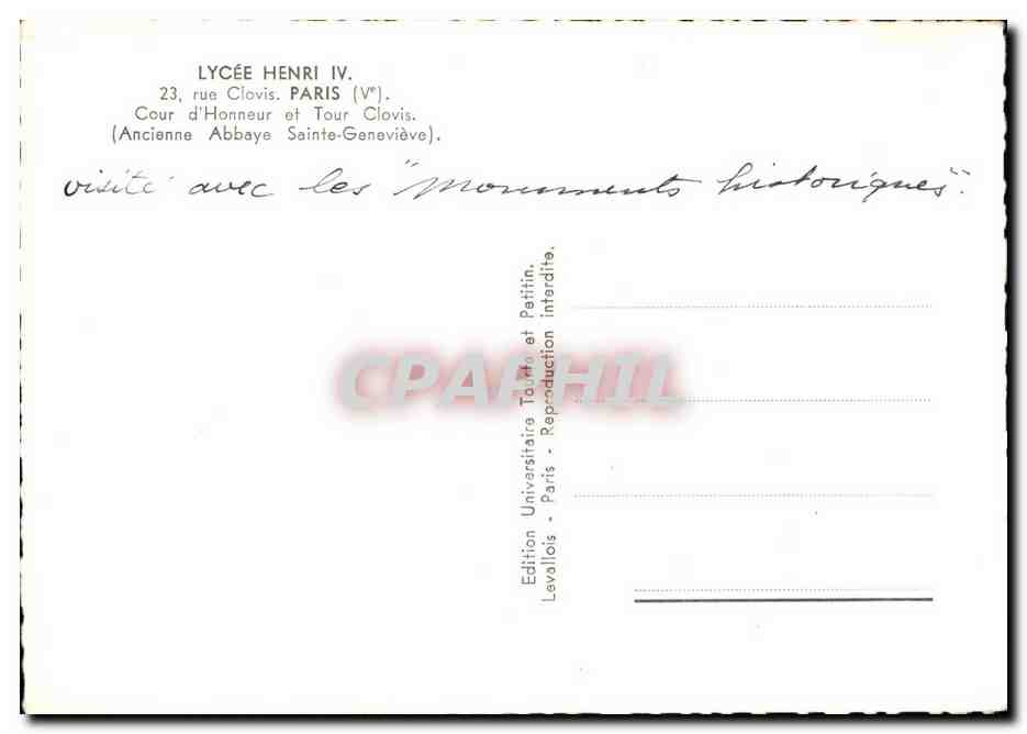 Paris 5 - Lycee Henri IV - 23 rue Clovis - Cour d'Honneur et Tour Clovis - Abbaye Sainte Genevieve CPA  — Verso