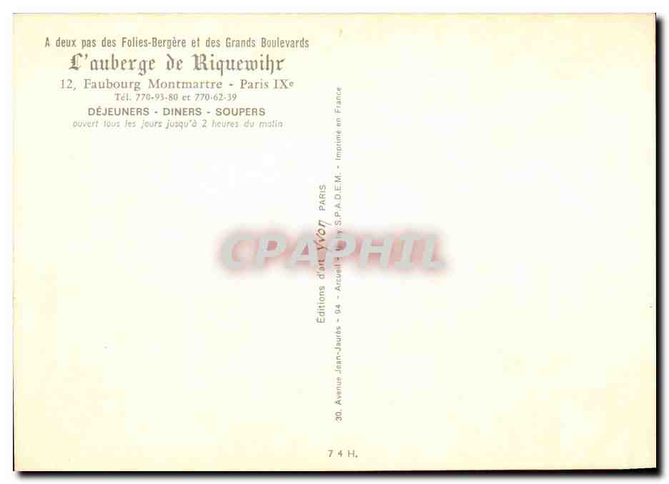 Paris 9 - L'Auberge de Riquewehr - 12 Faubourg Montmartre Restaurants - Dejeuners - Diners - Soupers - CPA  — Rückseite
