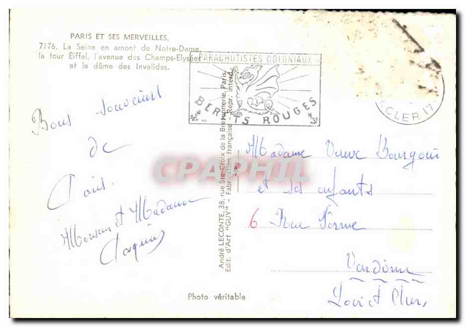 Paris - Souvenir - Tour Eiffel - Eiffel Tower CPA  — Rückseite