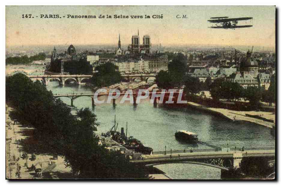 Paris 1 - Panorama de la Seine vers la Cite - avion - airplane - CPA 