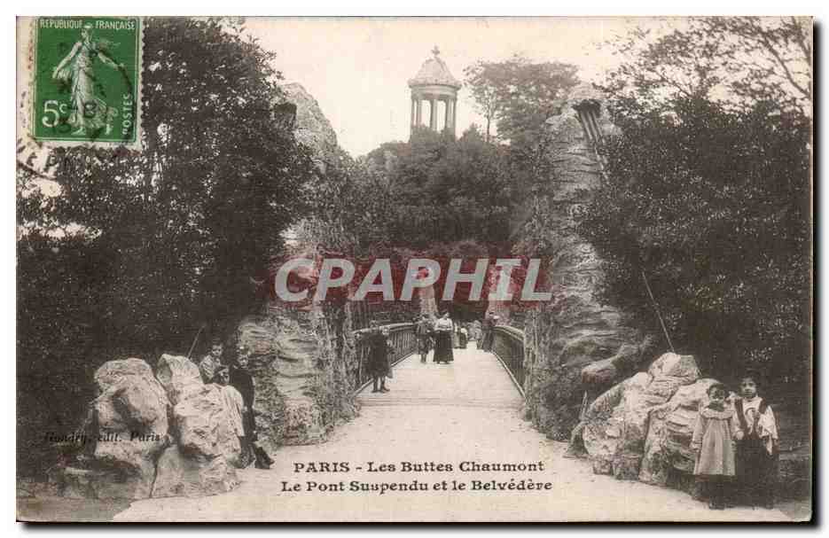 Paris - 19 - Buttes Chaumonts - Le Pont Suspendu et le Belvedere CPA 