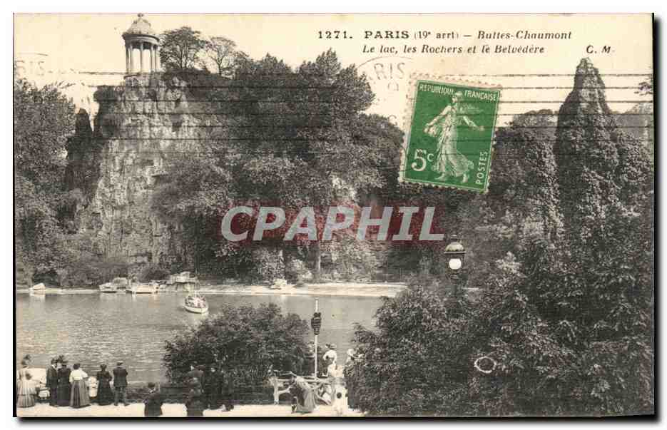 Paris - 19 - les Buttes Chaumont - Le lac - Les Rochers et le Belvedere - CPA 