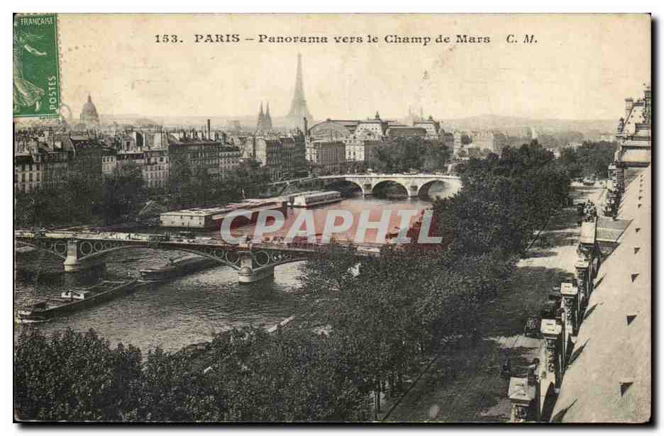 Paris 7 - Panorama vers le champs de Mars - Tour d'Eiffel - Eiffel Tower CPA 