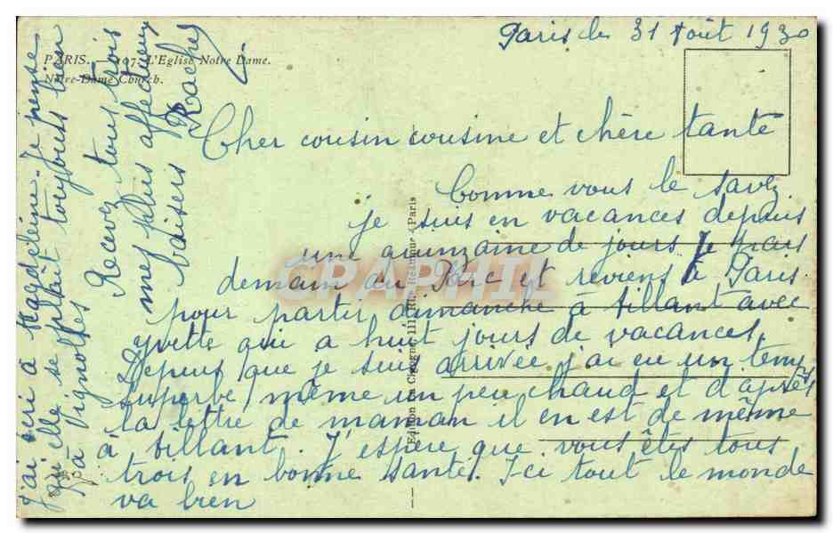 Paris CPA L'eglise Notre DAme  — Verso