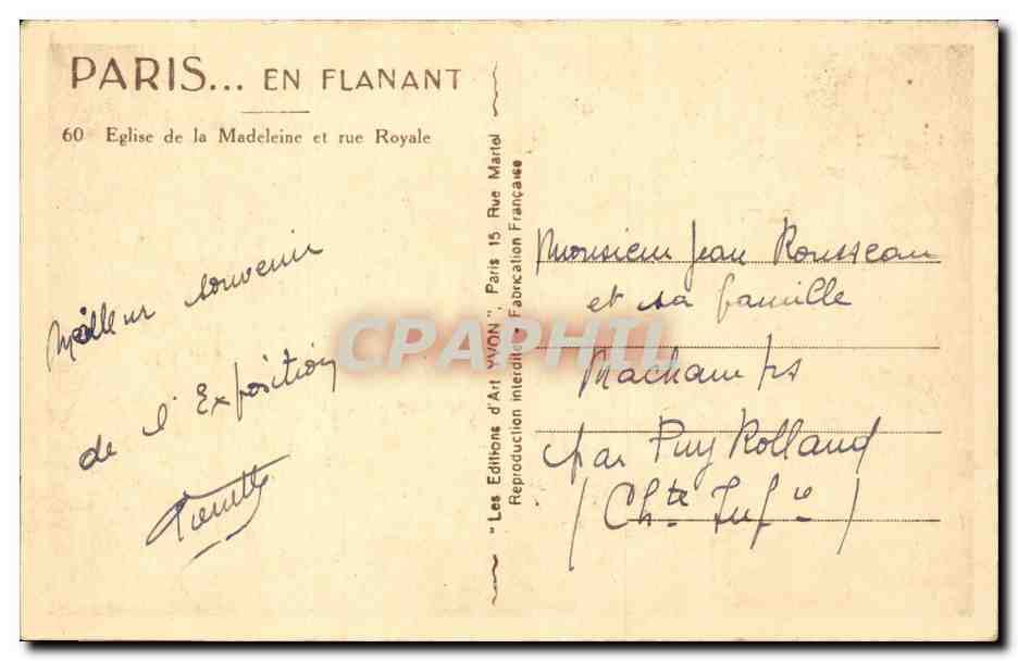Paris CPA Eglise de la MAdeleine et rue royale — Rückseite