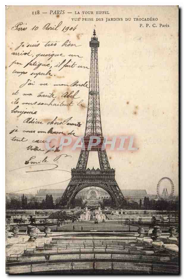 Paris CPA La tour Eiffel vue prise des jardins du Trocadero