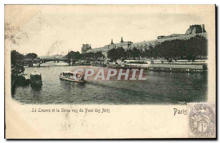 Paris CPA Le Louvre et la Seine vus du pont des Arts (dessin en relief !)