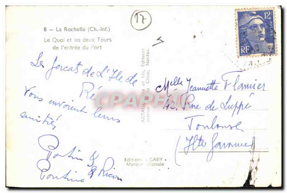 La Rochelle — Le Quai et les deux Tours de l'entrée du Port — Éditions Gaby, Nantes — Verso
