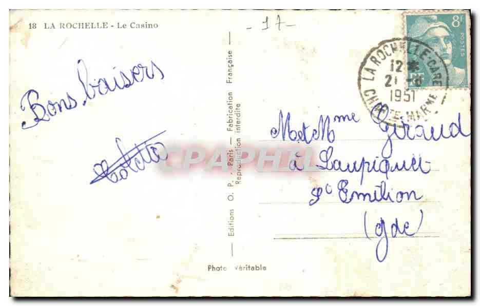 La Rochelle - Le Casino — Éditions O.P. Paris, n°18 — Verso
