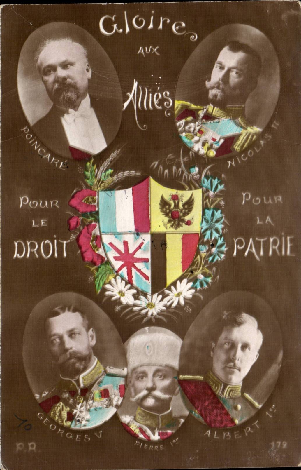 CPA Militaria GGloire aux allies Pour la ptri (Nicolas I Russie Russia Poincare George Albert Pierre 1er de SErbie