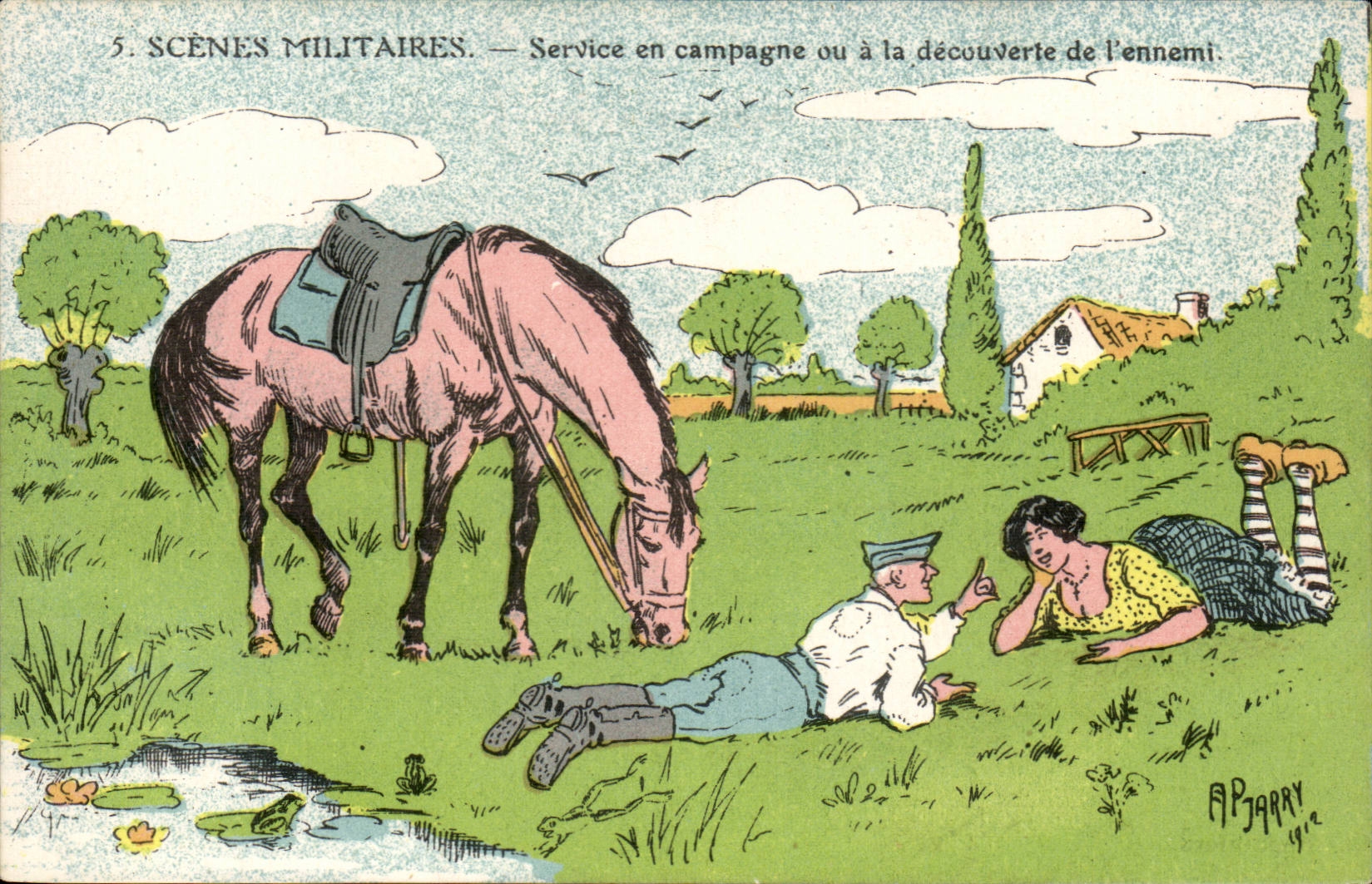 CPA Militaria Illustrateur Scenes militaires Cheval Jarry 1912 SErvice en campagne ou a la decouverte de l'ennemi