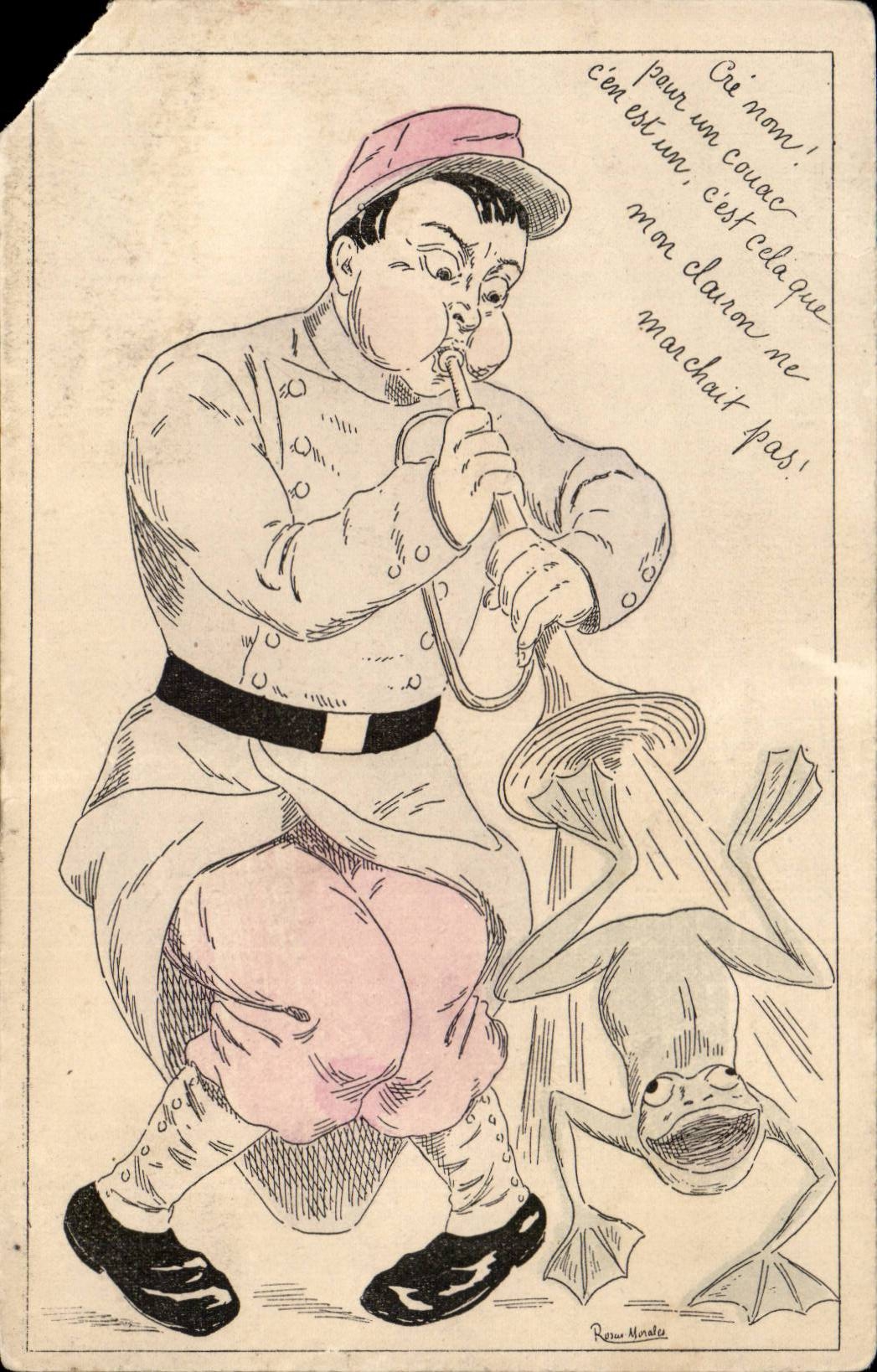 Soldat caricaturé jouant du cor avec grenouille — dessin de René Nindel