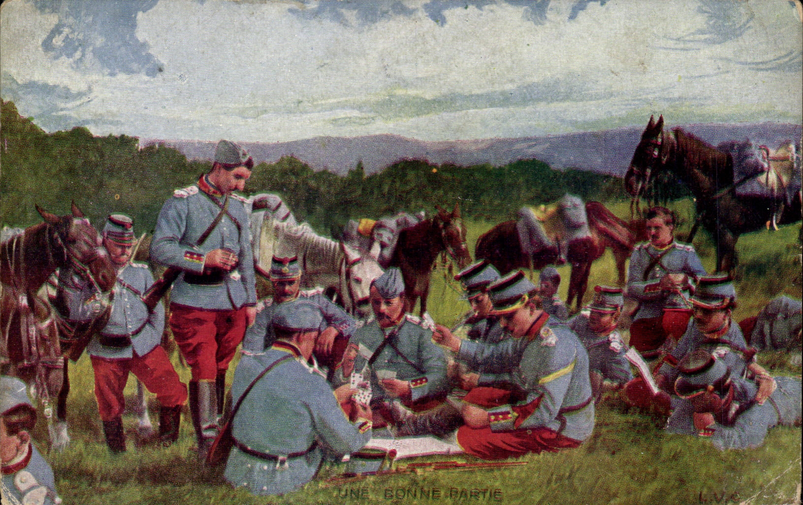 CPA Militaria Une bonne partie (cavaliers chevaux cheval)
