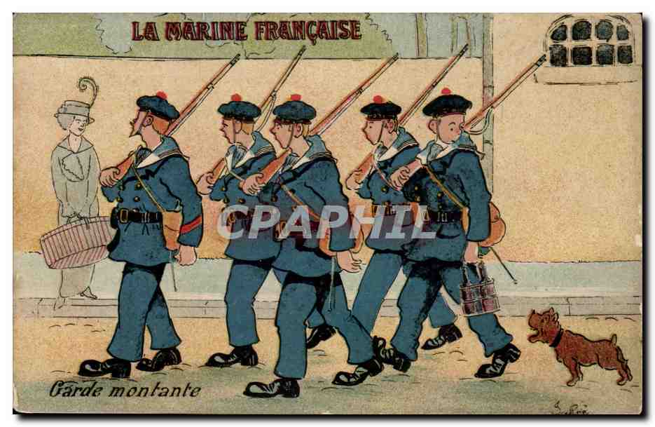 CPA Militaria La Marine Francaise Garde montante (chien dog)