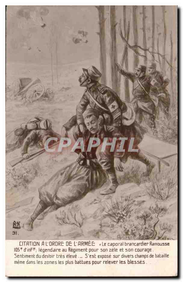 CPA Militaria Soldat Citation a l'ordre de l'armee Infirmier Croix rouge Brancardier Ramousse
