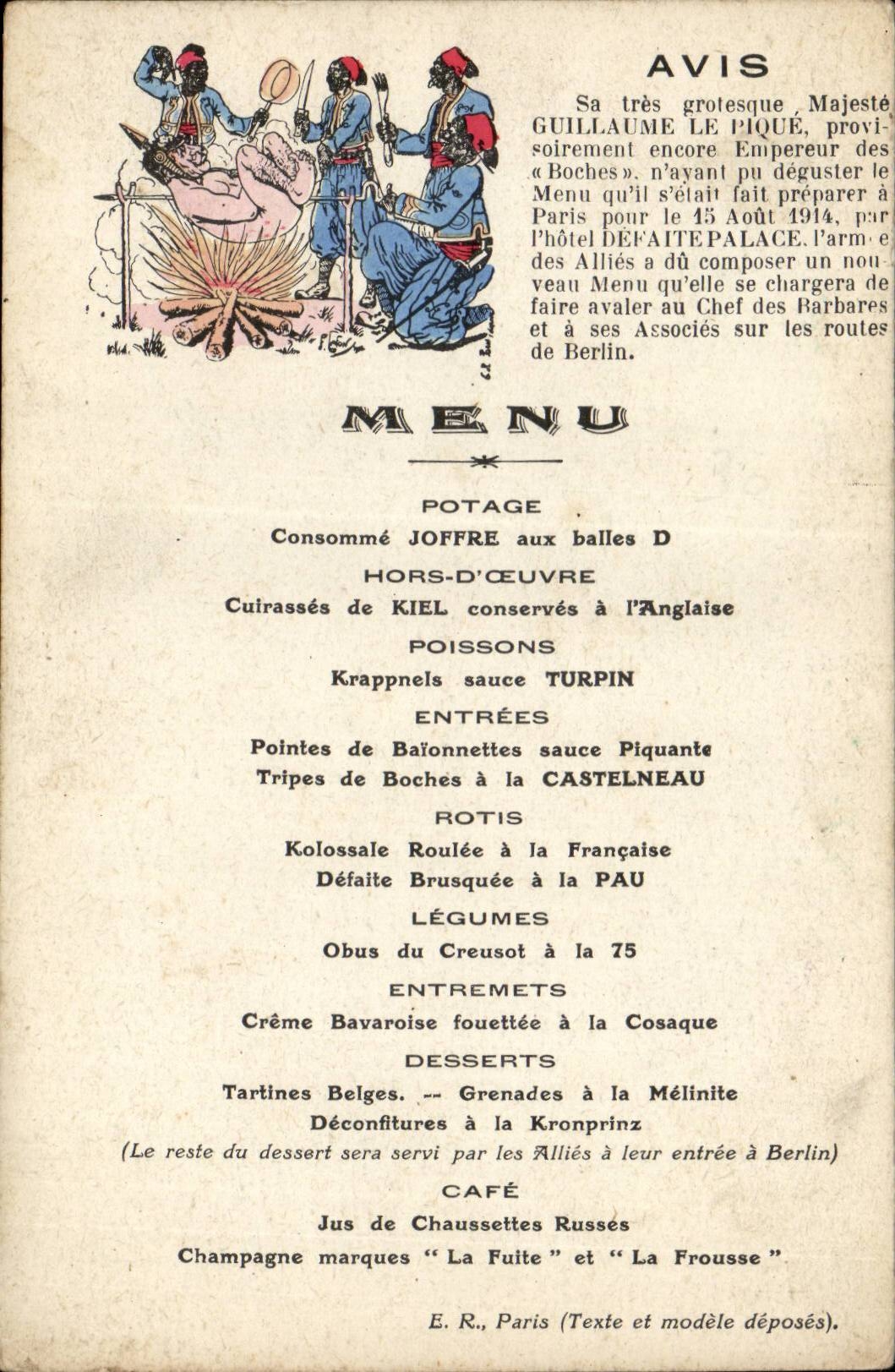 CPA Militaria Menu Guillaume Tirailleurs senegalais