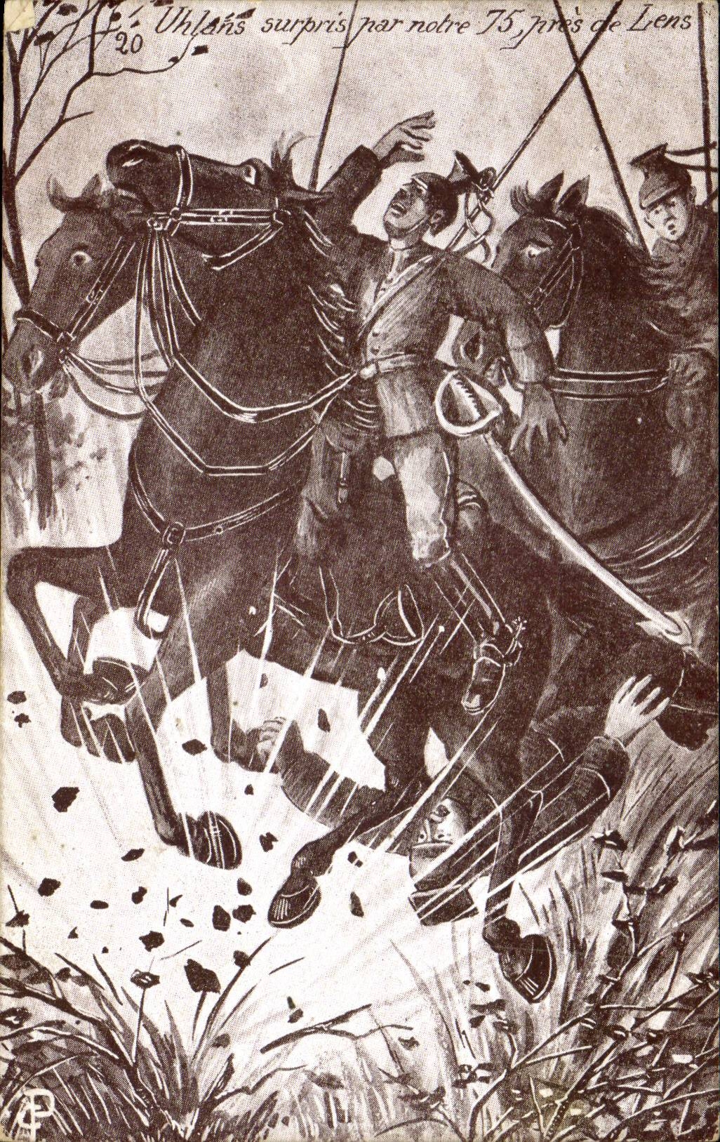 Uhlans, überrascht von unseren 75 mm bei Lens — militärische Illustration — Verlag P. (P. P. ?) Nr. 20