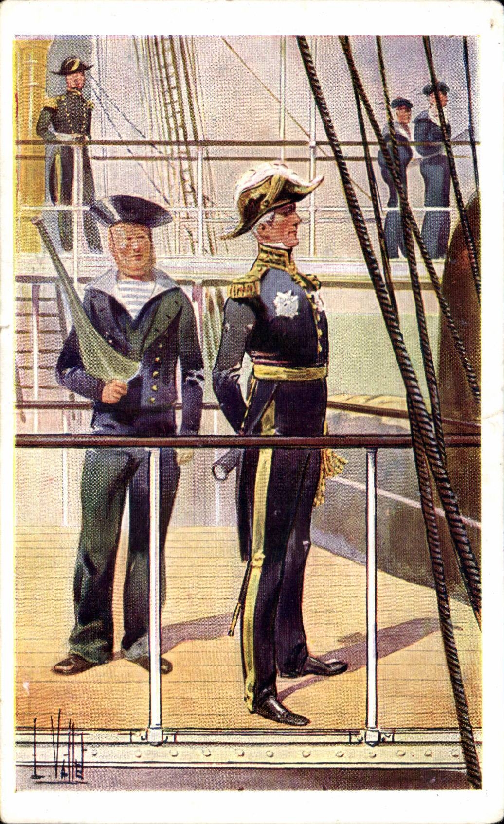 Marins et officier à bord d'un navire — L. Vaille — éditeur imprimeur à Paris