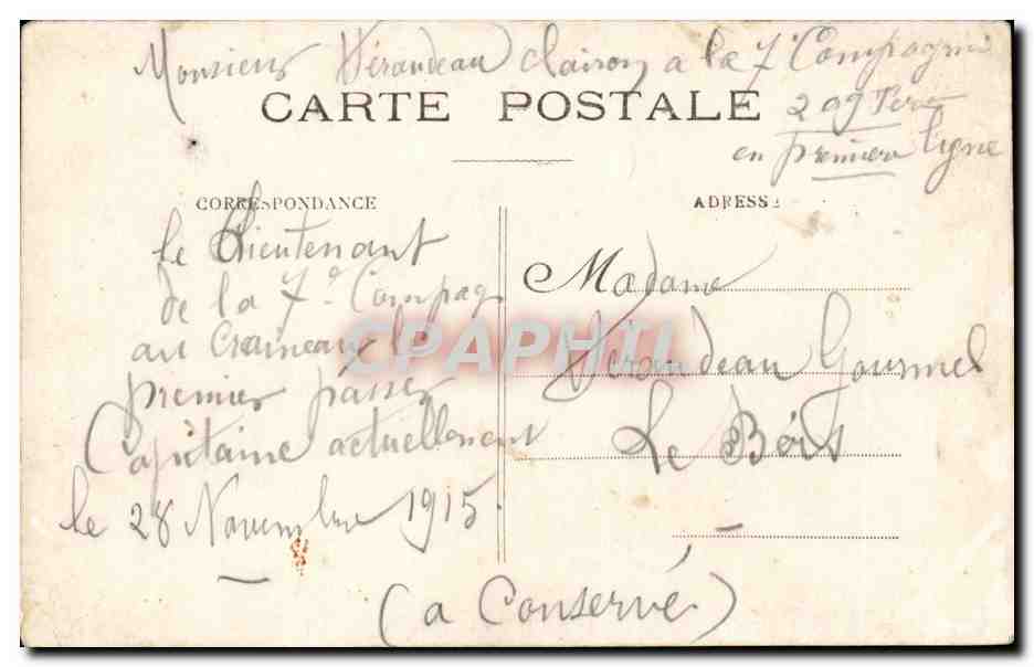 Soldados en trinchera — Primera línea — Tarjeta postal de la 4a Compañía — Reverso