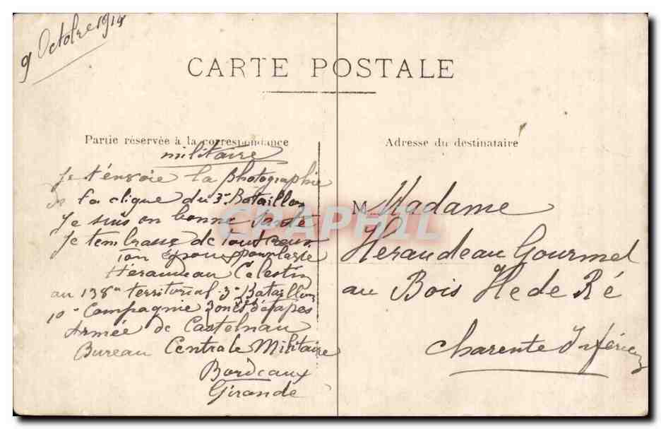 Teil des 3. Bataillons — 138. Territorial — Armée de Castelnaud — 9. Oktober 1914 — Verleger nicht sichtbar — Rückseite